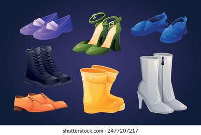 Colección de zapatos coloridos y variados. Conjunto de Vector de dibujos animados ilustraciones aisladas de botas, tacones altos y sandalias.