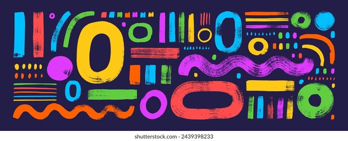 Collection of colorful various hand drawn geometric shapes in Memphis style. Bold lines and shapes in combination with thin strokes and figures. Abstract childish geometric figures for graphic design.