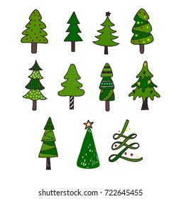 Collection of colorful vector doodle hand drawn Christmas trees isolated on white background.