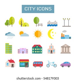 Collection of colorful vector flat city icons for web, print, mobile apps design. City landscape elements