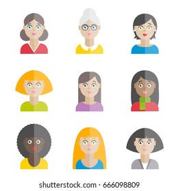 Collection of colorful vector flat women's avatars for web, print, mobile apps design