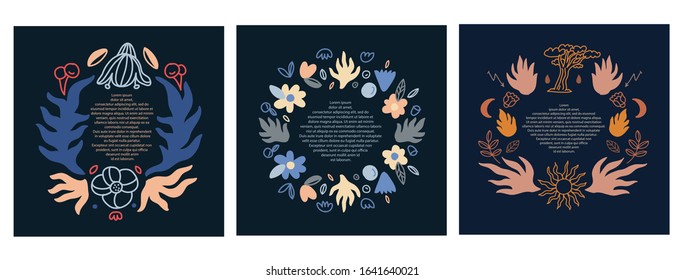 Collection of colorful vector frames on dark background. Templates with flowers, leaves, plant elements. For invitations, posters, cards, magazine articles.