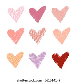 Collection of colorful vector hearts made in sketch style. 