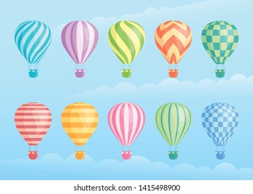 Collection of colorful vector hot air balloons. Zig zags, wavy lines, striped or checkered patterns on vintage style hot air balloon with basket at cloud background for sky holiday adventure design