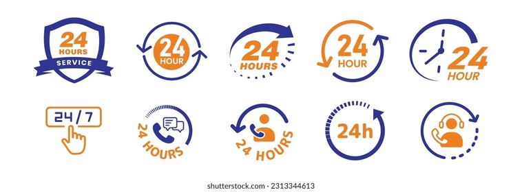 Collection of colorful vector icon 24-hour 7-day badge, Label or Sticker for Customer Service, Support, Call Center Concept Isolated on White Background