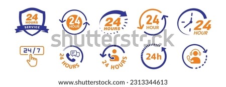 Collection of colorful vector icon 24-hour 7-day badge, Label or Sticker for Customer Service, Support, Call Center Concept Isolated on White Background