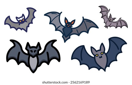 Collection of colorful vector icons featuring bats with detailed wing and facial designs, ideal for Halloween, spooky, nature, and wildlife-themed projects.  
