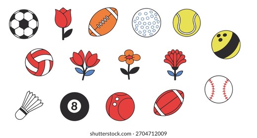 A collection of colorful vector icons featuring various sports balls and stylized flowers isolated on a white background. The set includes equipment for different sports.