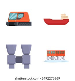 A collection of colorful, vector icons representing a bulldozer, ship, binoculars, and bridge