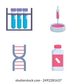 Collection of colorful vector icons representing medical research, including test tubes, syringe, dna, and medication