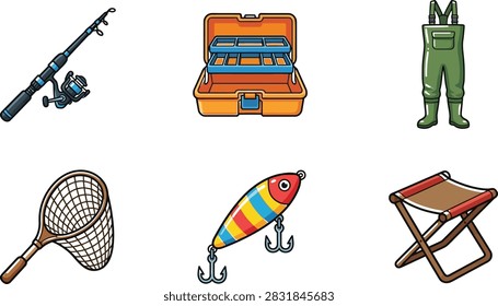 A collection of colorful vector icons representing various fishing equipment including a rod, tackle box, waders, net, lure, and folding stool.