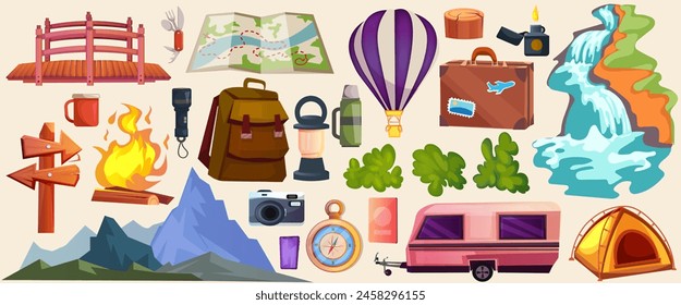 Una colección de coloridos iconos de acampada ilustrados y Vector al aire libre sobre un fondo claro, ideal para conceptos gráficos de viaje y exploración. Ilustración vectorial