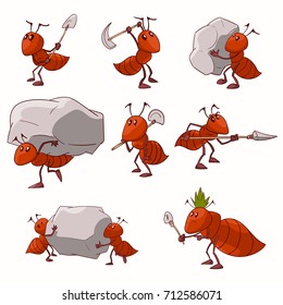 Collection of colorful vector illustrations of cartoon red ant colony