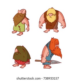 Collection of colorful vector illustrations of cartoon cavemen