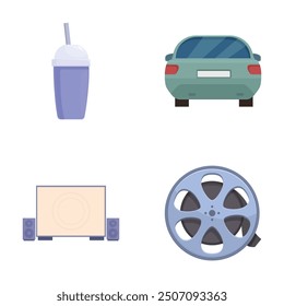 Sammlung bunter Vektorgrafiken mit gemeinsamen Gegenständen, einem Getränk, einem Auto, Lautsprechern und einer Filmrolle