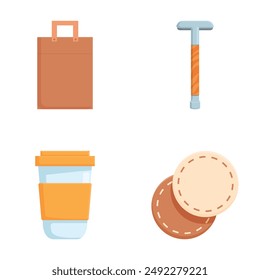 Collection of colorful vector illustrations featuring common items, a shopping bag, hammer, coffee cup, and cookies