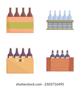 Collection of colorful vector illustrations featuring diverse types of beer bottle crates