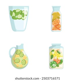 Collection of colorful vector illustrations featuring pitchers of fruitinfused water