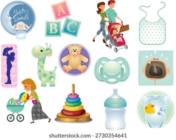 Eine Sammlung bunter Vektorgrafiken mit gemeinsamen Babyartikeln und Spielzeug. Das Set umfasst Schnuller, Flaschen, Lätzchen, Onesies, Plüschtiere, Alphabetblöcke, Kinderwagen und Grafiken zum Thema Familie. Perfekt für Elternschaft, kindbezogene Designs, Marketingmaterialien und Kindergartendekorationen.