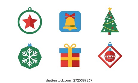 Uma coleção de ilustrações coloridas que mostram elementos com tema de Natal. Estes incluem ornamentos com uma estrela, um sino e desenhos flocos de neve, juntamente com uma caixa de presente e uma árvore de Natal decorada. Os gráficos apresentam estilos simples e simplificados adequados para vários aplicativos de design. Eles podem ser usados para projetos editoriais ou de marketing temático de feriados.