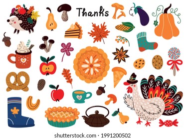 Collection of colorful vector illustrations of various types of food with turkey and autumnal decorations for traditional Thanksgiving celebration concept designs