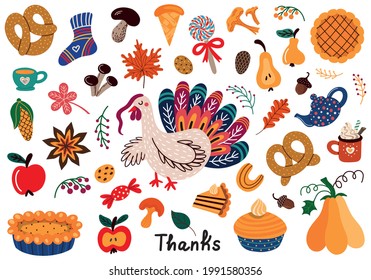 Collection of colorful vector illustrations of various types of food with turkey and autumnal decorations for traditional Thanksgiving celebration concept designs