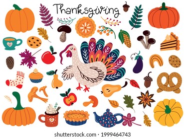 Collection of colorful vector illustrations of various types of food with turkey and autumnal decorations for traditional Thanksgiving celebration concept designs