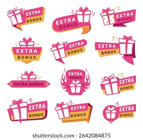 A collection of colorful vector labels featuring the phrase extra bonus along with gift images. These versatile designs can be used for promotions, marketing, or holiday events.
