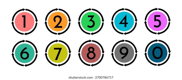 Una colección de coloridos números de Vector de cero a nueve. Una colección de íconos de números, marcadores de números, íconos de etiquetas y pasos.