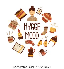 Collection of colorful vector objects with decorative elements and hand drawn lettering Hygge mood on white background in scandinavian style - Cozy atmosphere - Isolated objects on white background