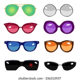 collection of colorful vector retro fashion glasses, set of cartoon comic glasses of different famous persons