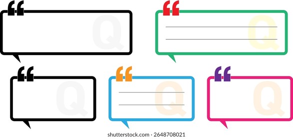Uma coleção de bolhas coloridas de conversação vetorial e caixas de citação projetadas para realçar texto, diálogo, depoimentos ou mensagens. Inclui várias formas e estilos com aspas negras e velocidade