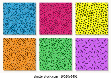 Collection of colorful vibrant vector seamless patterns. Fashion style - retro design 80-90s. Bright stylish backgrounds, posters, cards.