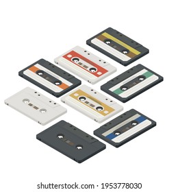 Collection of colorful vintage cassette tapes, isometric illustration on white background