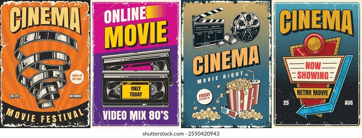 Uma coleção de cartazes coloridos vintage anuncia um festival de cinema com filmes on-line e exibições de filmes clássicos. Cada pôster destaca um tema único relacionado ao cinema.