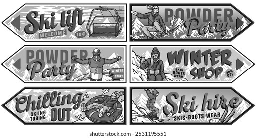 Collection of colorful vintage posters promoting winter sports and activities, featuring skiers, snowboarders and snow tubing enthusiasts. Winter poster or sign for winter sport