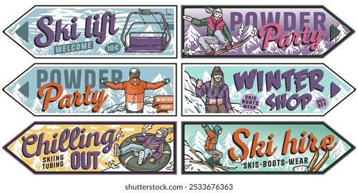 Collection of colorful vintage posters promoting winter sports and activities, featuring skiers, snowboarders and snow tubing enthusiasts. Winter poster or sign for winter sport