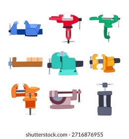 Collection of colorful vises representing various types of hand tools used for securely clamping, gripping, and holding workpieces in workshops and for diy projects