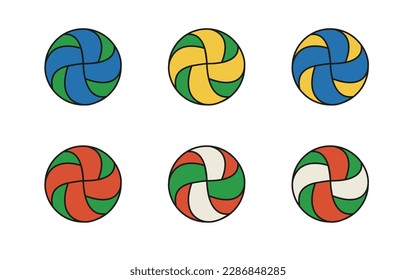 Colección de voleibol colorido. Juego de 6 bolas para deportes, voleibol. Ilustración vectorial sobre fondo blanco. Icono de las bolas.