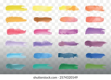 A collection of colorful watercolor brush strokes in various shades. Vibrant brush strokes include yellow, orange, pink, purple, blue, and green hues. Element vector set.