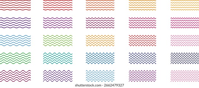 Kollektion von farbenfrohen wellenförmigen oder Zickzack-Linien. Horizontale dünne Linien wellenförmig. Gestrichelte Linie. Ein großes Set von bunten. Vektorgrafik.
