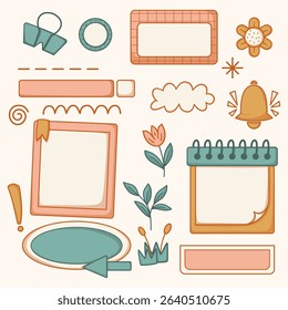 A collection of colorful and whimsical stickers, including a bell, a flower, and a calendar