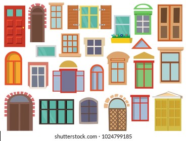 Collection of colorful windows and doors. Flat, vector