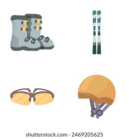 Collection of colorful winter sports icons featuring boots, skis, goggles, and helmet