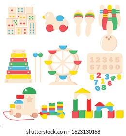 collection of colorful wooden toys vector