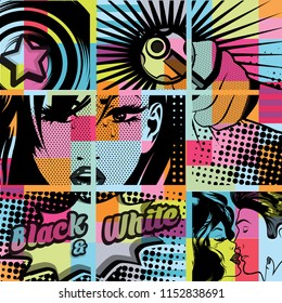 Collection of colorfull Pop Art pattern. Card vector illustration.