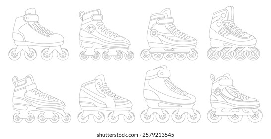 Collection of coloring book of modern design roller skate. Simple cartoon vector illustration of wheels kid sport shoes. Sport or casual inline skates isolated on white background.