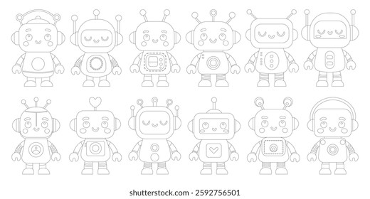 Collection coloring books of cheerful funny cartoon robots. Coloring pages of cute cyborgs, futuristic modern bots, android, smiling characters in flat vector illustration isolated on white background