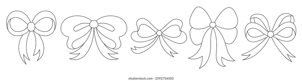Collection coloring books of pretty satin ribbon bows for girls. Bowknots for decoration. Large retro hand drawn ribbons Illustration. Cartoon bows knot, gift ribbons.