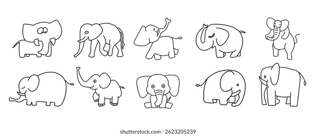 Coleção coloração Elefante mão desenhada ícone de linha simples, bonitinho elefante doodle linha ícones de desenhos animados, personagens de desenhos animados elefante simples doodles linha bonito desenho animado safari animal clipart 
